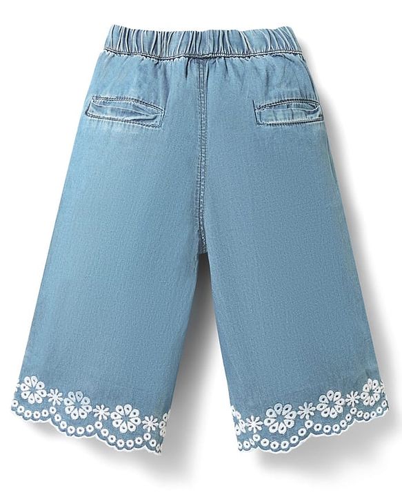 Babyhug Denim Cotton Ankle Length Washed & Floral Embroidered Jeans - Light Blue
