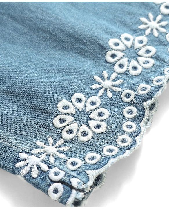 Babyhug Denim Cotton Ankle Length Washed & Floral Embroidered Jeans - Light Blue