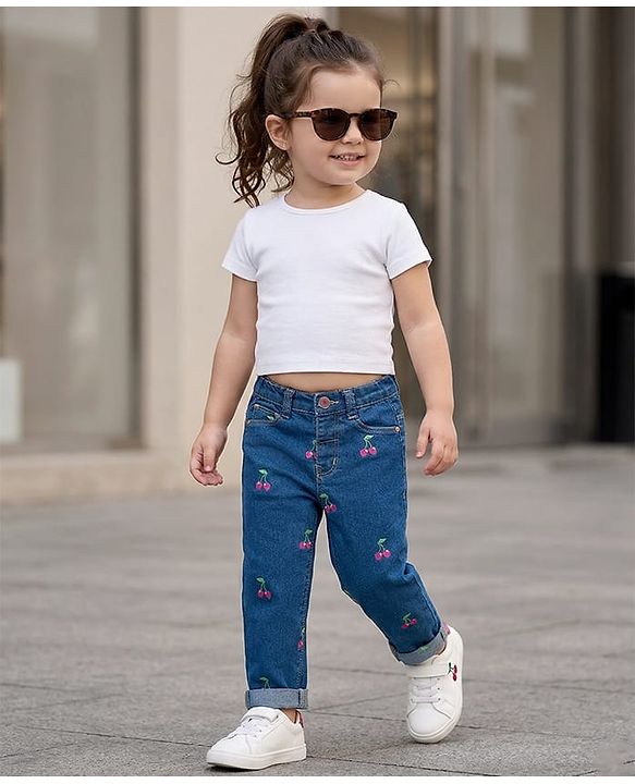 Babyhug Full Length Washed Cherry Embroidered Denim Jeans  with Stretch - Blue