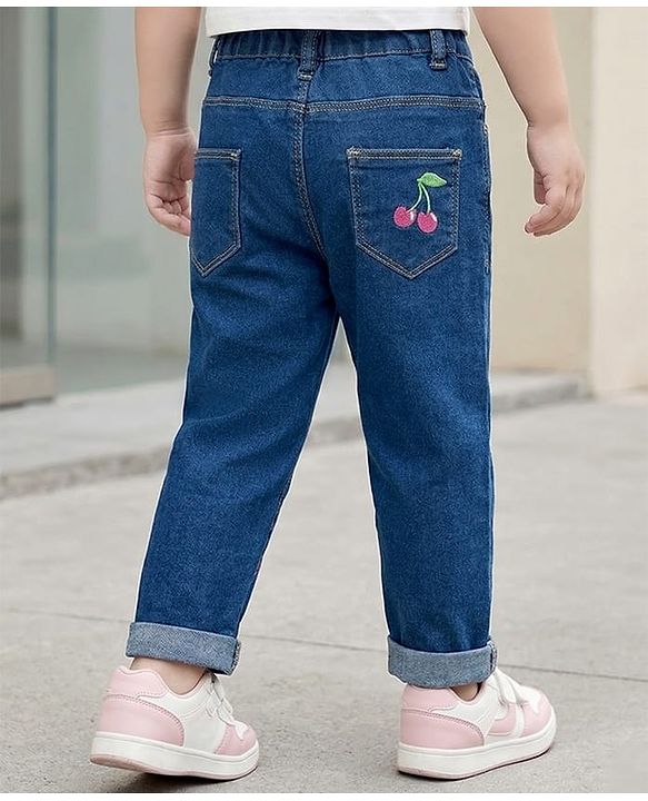 Babyhug Full Length Washed Cherry Embroidered Denim Jeans  with Stretch - Blue