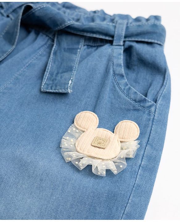 Babyhug Full Length Washed Denim Jogger with Mouse Applique & Belt - Blue
