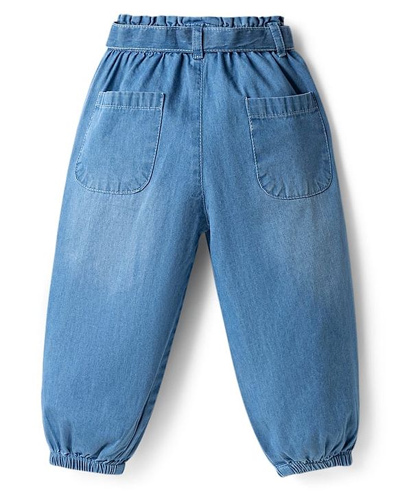 Babyhug Full Length Washed Denim Jogger with Mouse Applique & Belt - Blue