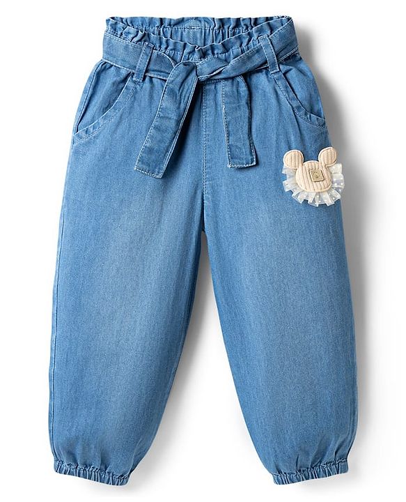 Babyhug Full Length Washed Denim Jogger with Mouse Applique & Belt - Blue