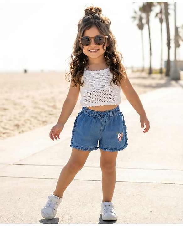 Babyhug 100% Cotton Mid Thigh Floral Embroidered Denim Shorts With Bow Applique - Blue