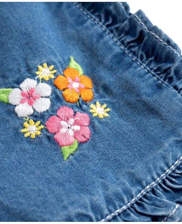 Babyhug 100% Cotton Mid Thigh Floral Embroidered Denim Shorts With Bow Applique - Blue