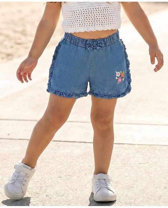 Babyhug 100% Cotton Mid Thigh Floral Embroidered Denim Shorts With Bow Applique - Blue
