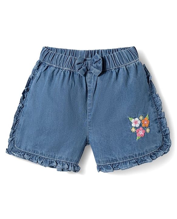 Babyhug 100% Cotton Mid Thigh Floral Embroidered Denim Shorts With Bow Applique - Blue