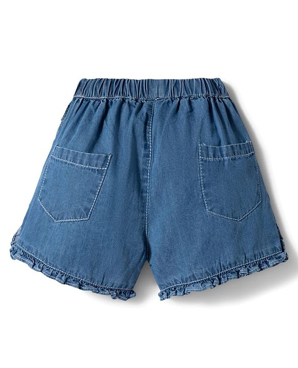 Babyhug 100% Cotton Mid Thigh Floral Embroidered Denim Shorts With Bow Applique - Blue