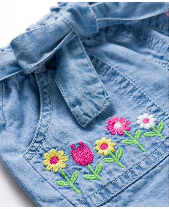Babyhug Cotton Mid Thigh Length Washed Denim Shorts with Belt &  Floral Embroidery - Blue