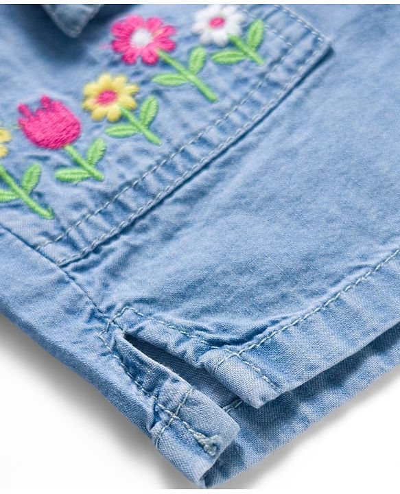 Babyhug Cotton Mid Thigh Length Washed Denim Shorts with Belt &  Floral Embroidery - Blue