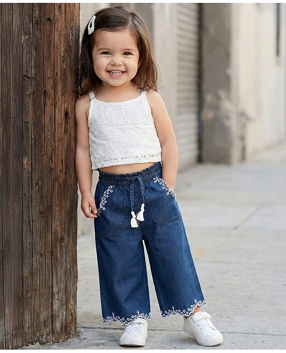 Babyhug Full Length Cotton Denim Palazzo with Embroidery - Navy Blue