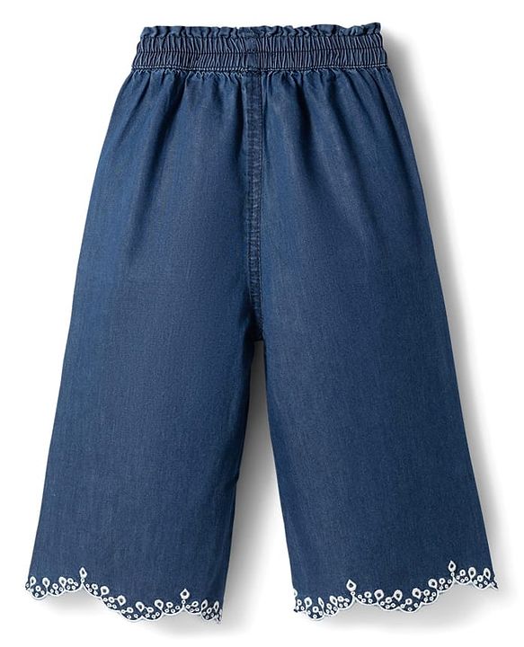 Babyhug Full Length Cotton Denim Palazzo with Embroidery - Navy Blue
