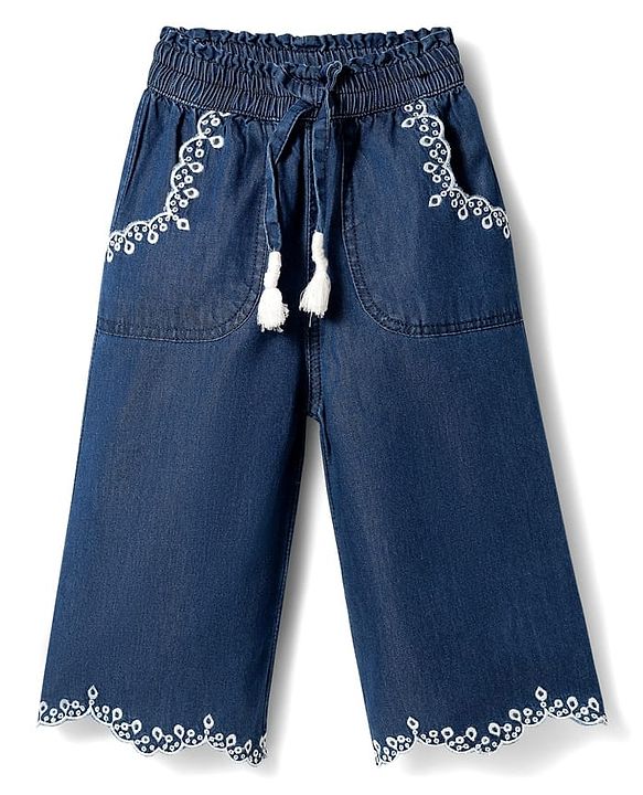 Babyhug Full Length Cotton Denim Palazzo with Embroidery - Navy Blue