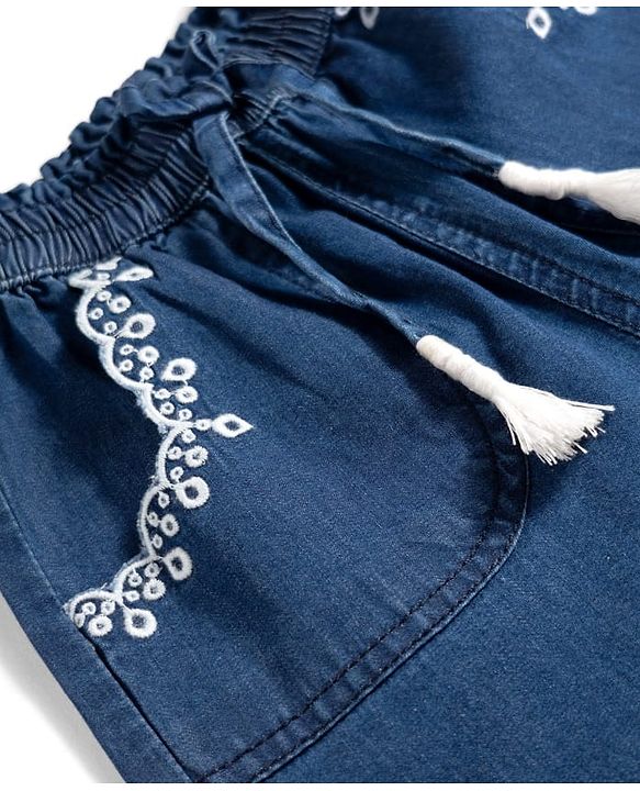 Babyhug Full Length Cotton Denim Palazzo with Embroidery - Navy Blue