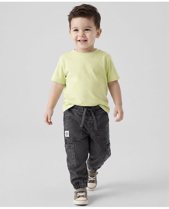 Babyhug Denim Full Length Washed Jeans With Stretch & Text Print - Black