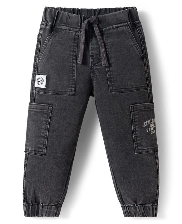 Babyhug Denim Full Length Washed Jeans With Stretch & Text Print - Black