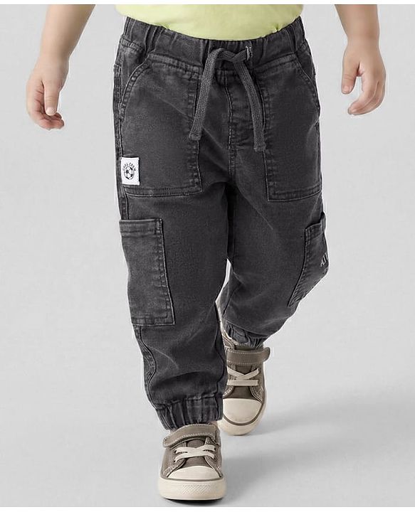 Babyhug Denim Full Length Washed Jeans With Stretch & Text Print - Black