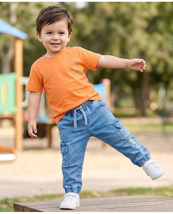 Babyhug Denim Full Length Jeans with Stretch & Born to Play Print - Blue