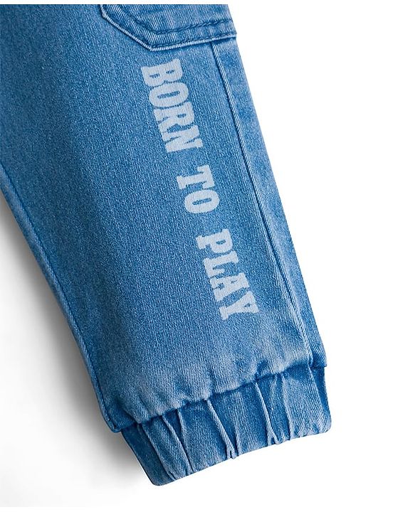 Babyhug Denim Full Length Jeans with Stretch & Born to Play Print - Blue