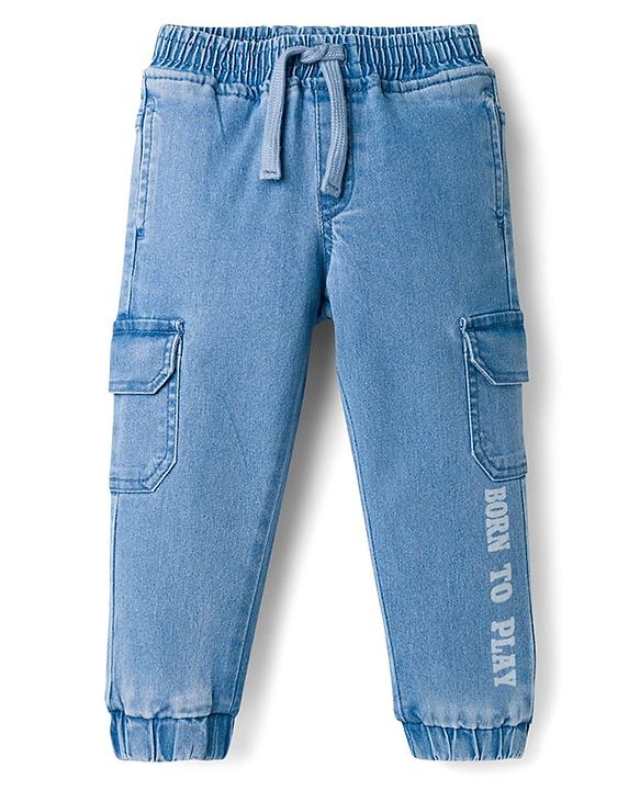Babyhug Denim Full Length Jeans with Stretch & Born to Play Print - Blue