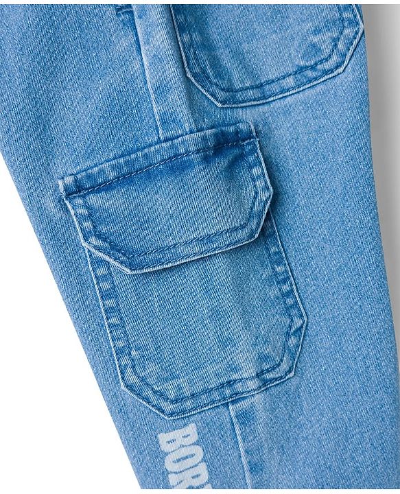 Babyhug Denim Full Length Jeans with Stretch & Born to Play Print - Blue