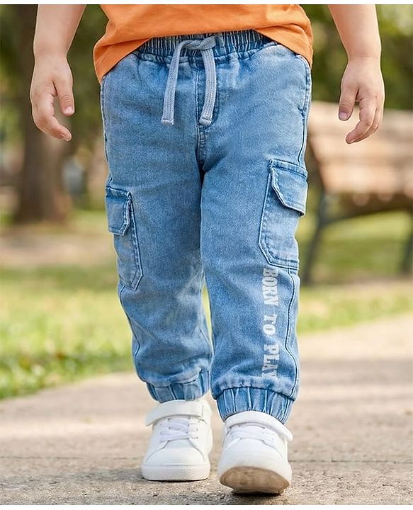 Babyhug Denim Full Length Jeans with Stretch & Born to Play Print - Blue