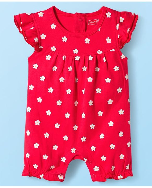 Babyhug 100% Cotton Interlock Knit Frill Sleeves Romper With Floral Print Pack Of 2 - Red & White