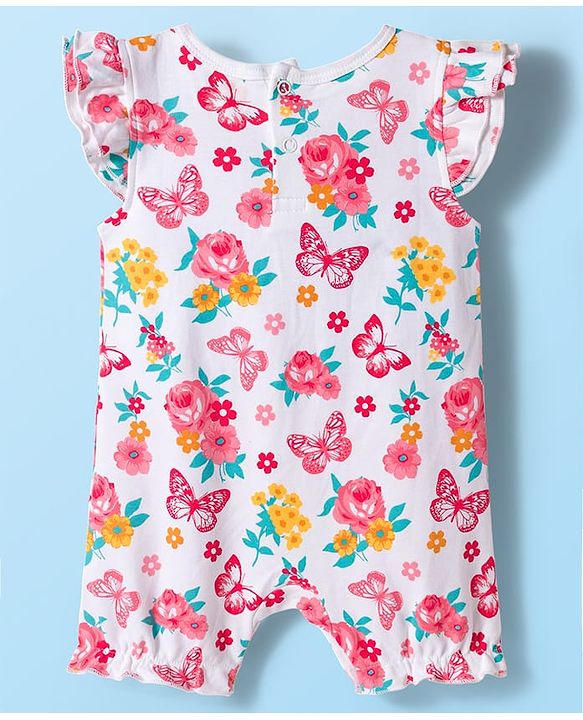 Babyhug 100% Cotton Interlock Knit Frill Sleeves Romper With Floral Print Pack Of 2 - Red & White