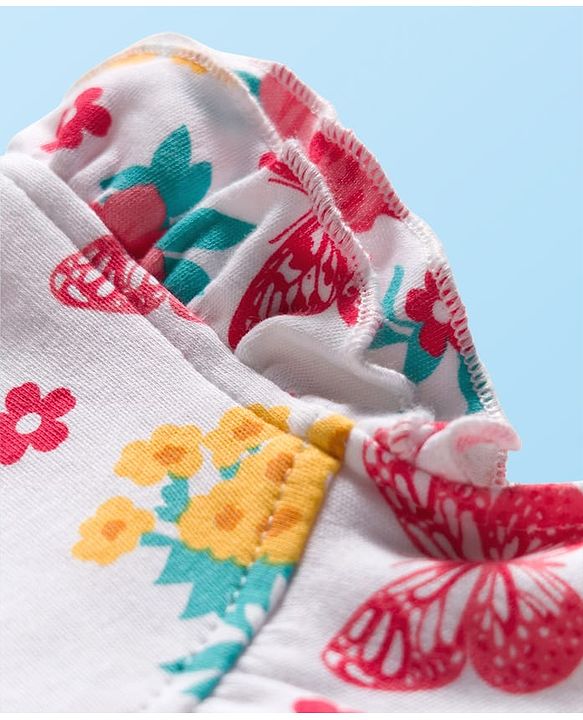 Babyhug 100% Cotton Interlock Knit Frill Sleeves Romper With Floral Print Pack Of 2 - Red & White
