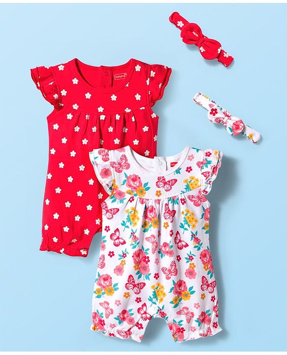 Babyhug 100% Cotton Interlock Knit Frill Sleeves Romper With Floral Print Pack Of 2 - Red & White