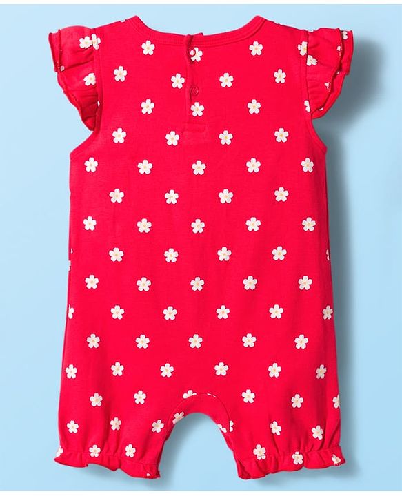 Babyhug 100% Cotton Interlock Knit Frill Sleeves Romper With Floral Print Pack Of 2 - Red & White