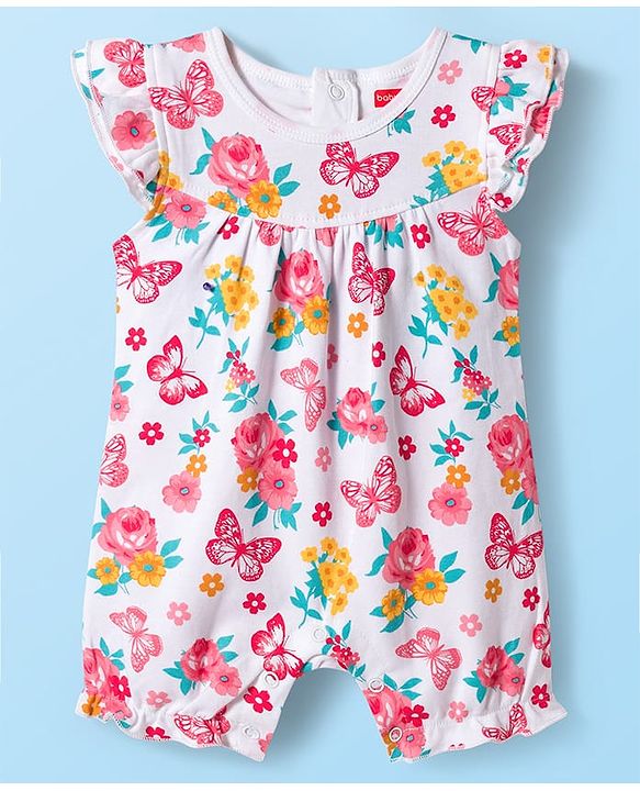 Babyhug 100% Cotton Interlock Knit Frill Sleeves Romper With Floral Print Pack Of 2 - Red & White