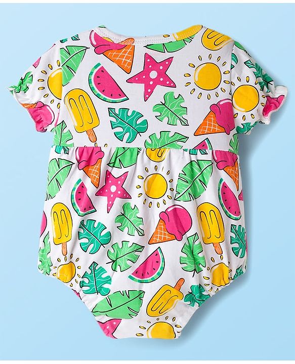 Babyhug 100% Cotton Interlock Knit Half Sleeves Onesies With Tropical Theme Print & Booties & Hairband - White