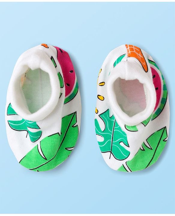 Babyhug 100% Cotton Interlock Knit Half Sleeves Onesies With Tropical Theme Print & Booties & Hairband - White