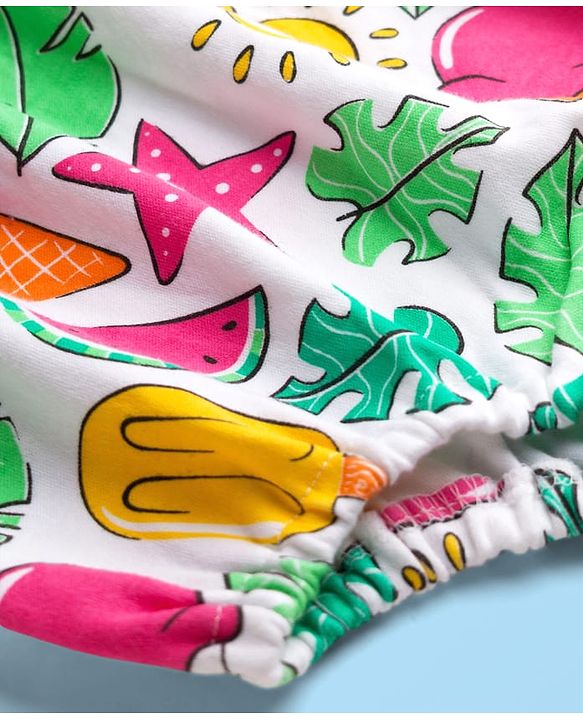 Babyhug 100% Cotton Interlock Knit Half Sleeves Onesies With Tropical Theme Print & Booties & Hairband - White