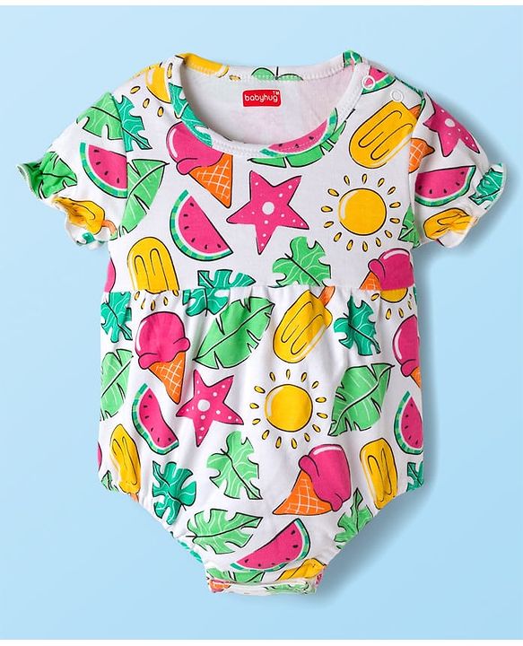 Babyhug 100% Cotton Interlock Knit Half Sleeves Onesies With Tropical Theme Print & Booties & Hairband - White