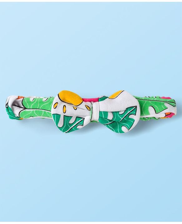 Babyhug 100% Cotton Interlock Knit Half Sleeves Onesies With Tropical Theme Print & Booties & Hairband - White