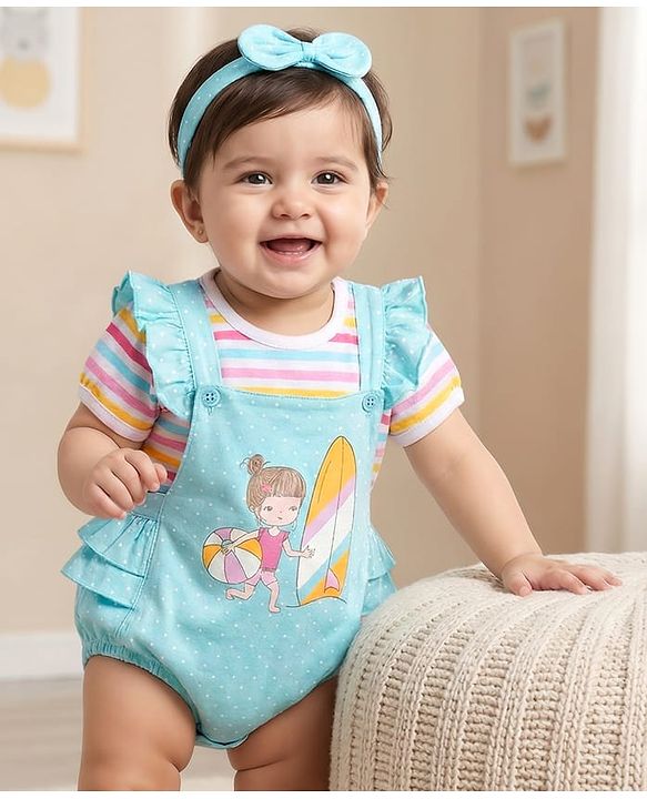 Babyhug 100% Cotton Knit Polka Dot Printed Onesie with Half Sleeves Inner Tee & Hairband - Light Blue