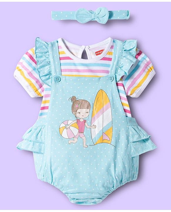 Babyhug 100% Cotton Knit Polka Dot Printed Onesie with Half Sleeves Inner Tee & Hairband - Light Blue