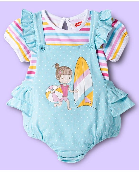 Babyhug 100% Cotton Knit Polka Dot Printed Onesie with Half Sleeves Inner Tee & Hairband - Light Blue