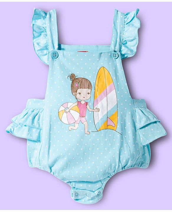 Babyhug 100% Cotton Knit Polka Dot Printed Onesie with Half Sleeves Inner Tee & Hairband - Light Blue