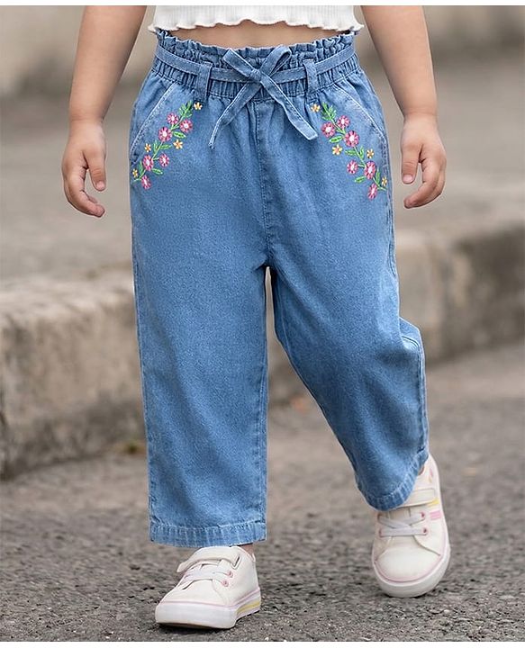 Babyhug Ankle Length Denim Culottes with Belt & Floral Embroidery - Light Blue