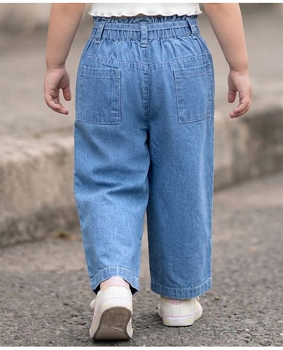 Babyhug Ankle Length Denim Culottes with Belt & Floral Embroidery - Light Blue