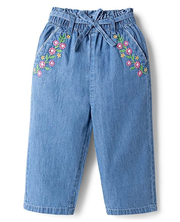 Babyhug Ankle Length Denim Culottes with Belt & Floral Embroidery - Light Blue