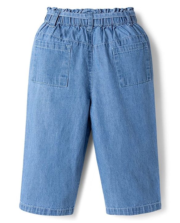 Babyhug Ankle Length Denim Culottes with Belt & Floral Embroidery - Light Blue