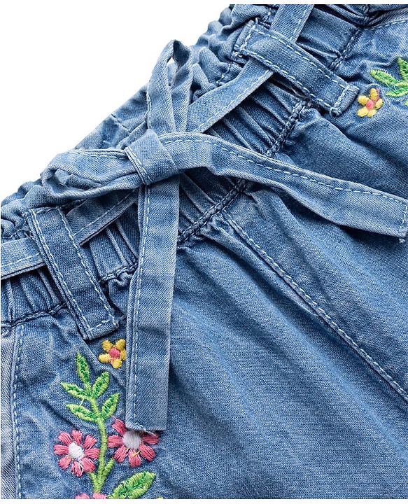 Babyhug Ankle Length Denim Culottes with Belt & Floral Embroidery - Light Blue
