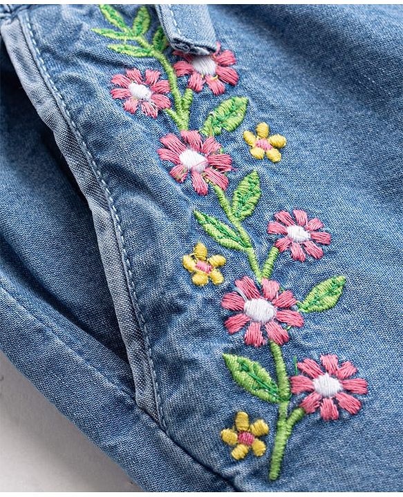 Babyhug Ankle Length Denim Culottes with Belt & Floral Embroidery - Light Blue
