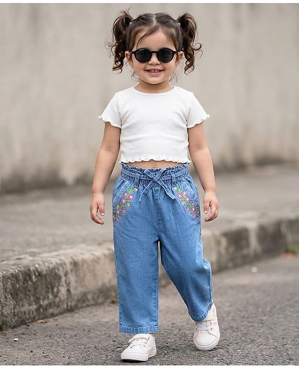 Babyhug Ankle Length Denim Culottes with Belt & Floral Embroidery - Light Blue
