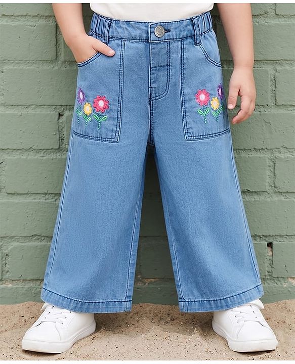Babyhug Ankle Length Washed Denim Capri with Floral Embroidery - Blue