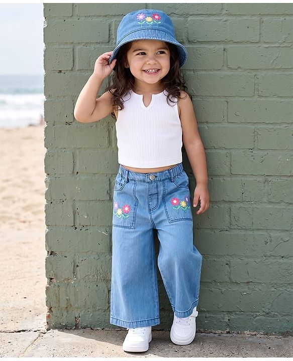 Babyhug Ankle Length Washed Denim Capri with Floral Embroidery - Blue